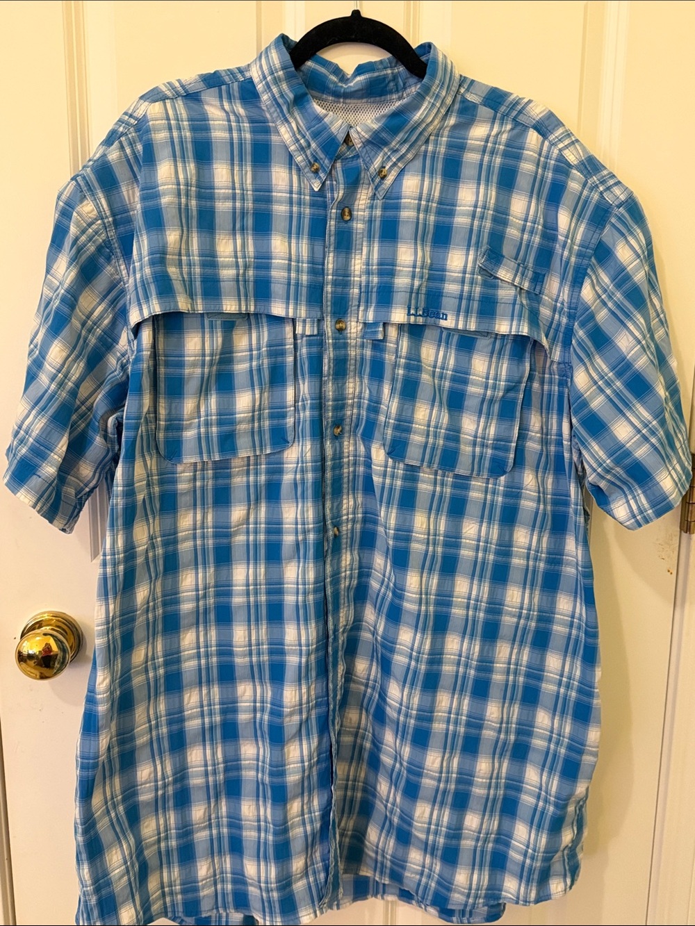 L.L. Bean Blue and White Plaid Short Sleeve Button-Down Fishing Shirt, XXL Tall